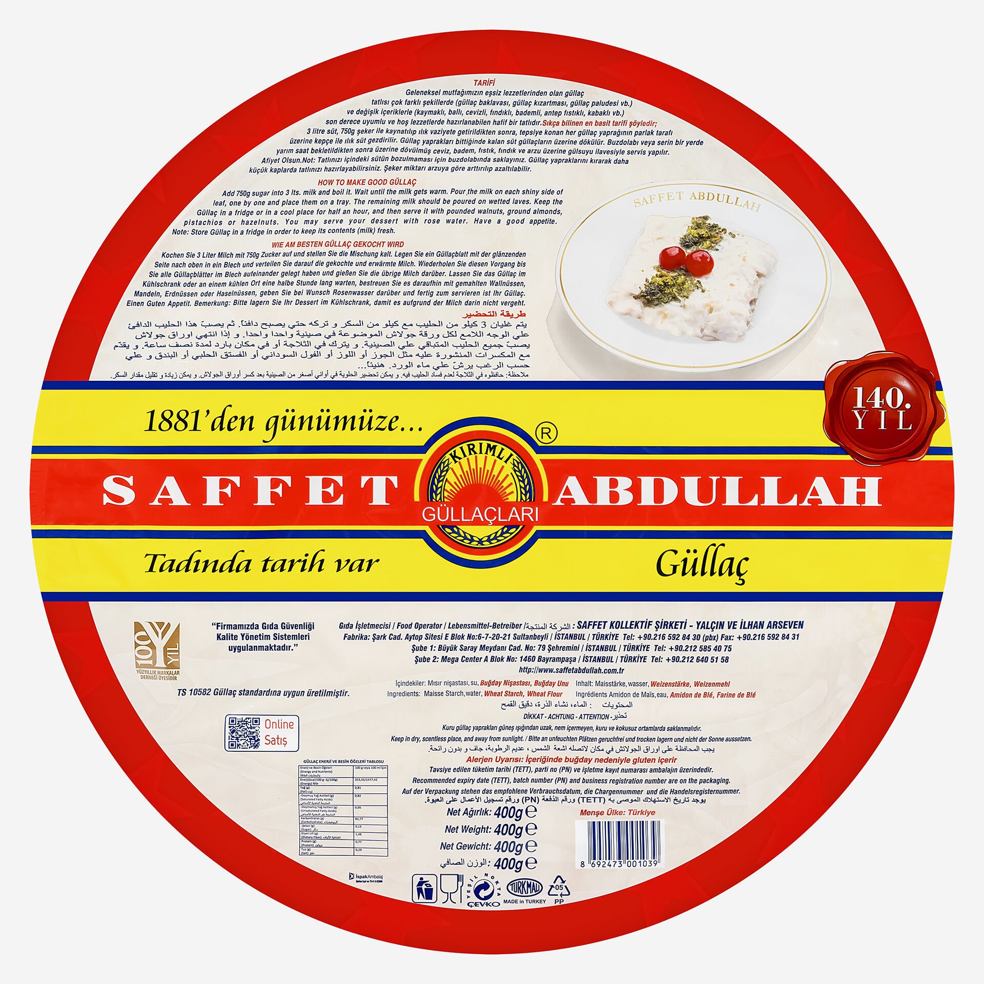 SAFFET ABDULLAH GÜLLAÇ TEPSİ AMBALAJ 400 GR